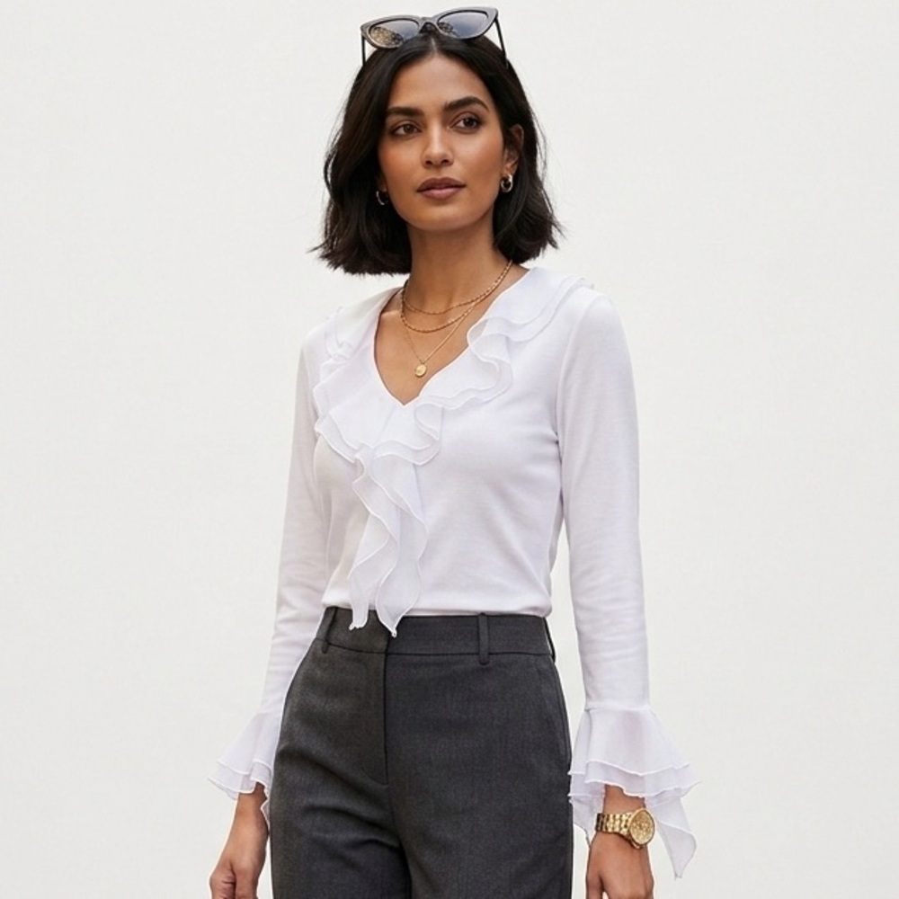 Jones New York Signature Ruffle White Blouse Small Petite